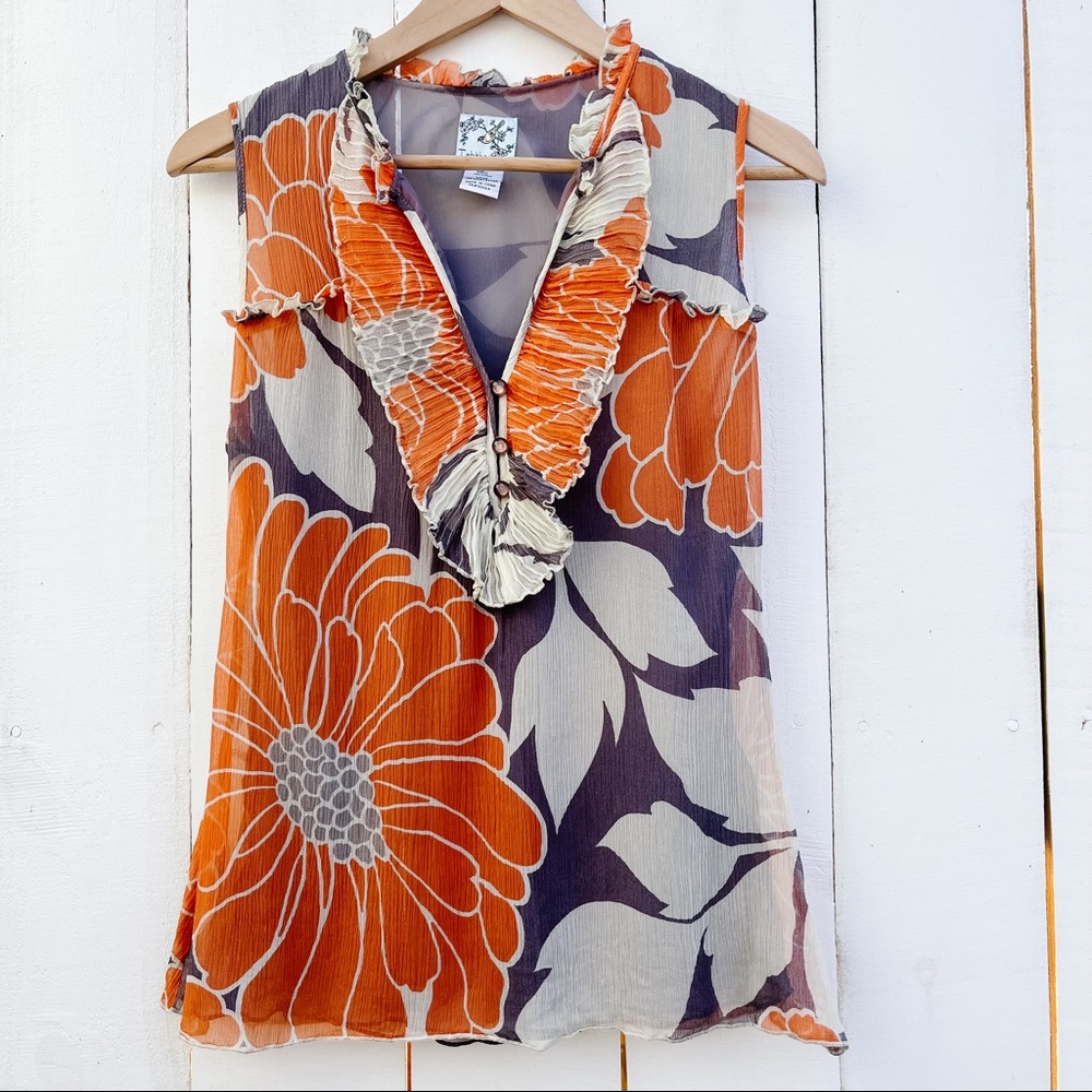 Anthropologie Tabitha Floral Silk Ruffle Blouse Sleeveless Shirt Top 8